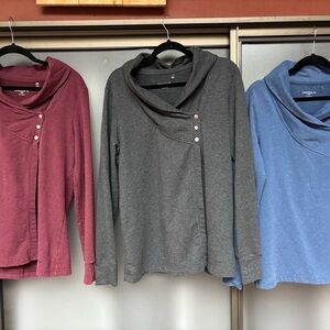 3 Danskin Cozy wrap tops with snap-Detail and cowl neck